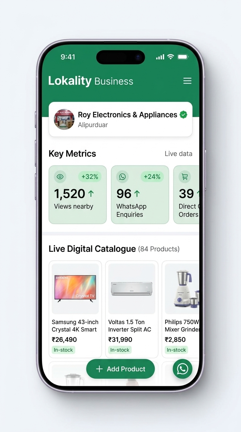 Lokality Merchant App Screen showing Roy Electronics & Appliances with 1,520 views, 96 WhatsApp enquiries, 39 orders, and live catalogue of 84 products including Samsung Smart TV and Voltas AC